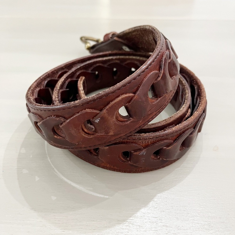 Men's Belt Genuine Leather Mexico Brown Braided Loop Chain Buckle Size 40 - Picture 3 of 10